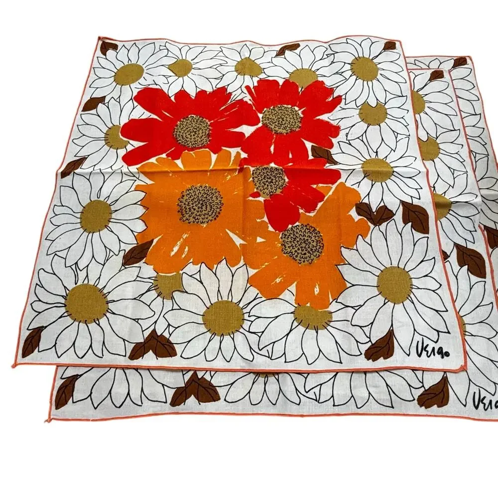 Vintage VERA cloth napkins matching set of 4 red orange flowers squares FLAWS